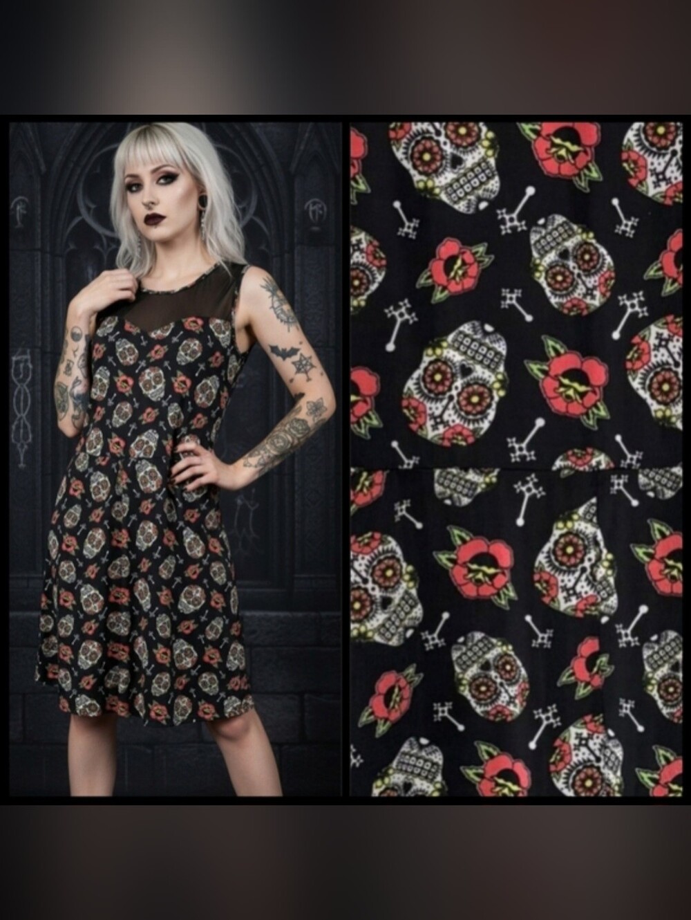 Vtg Y2K Hot Topic Sugar Skull Day Of Dead Graphics Mesh Neckline Skater Dress L